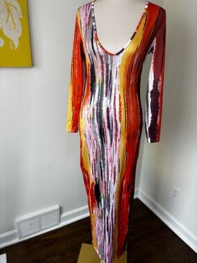 Vibrant Multi-Color Long Sleeve Maxi Dress - Red/Yellow/White M